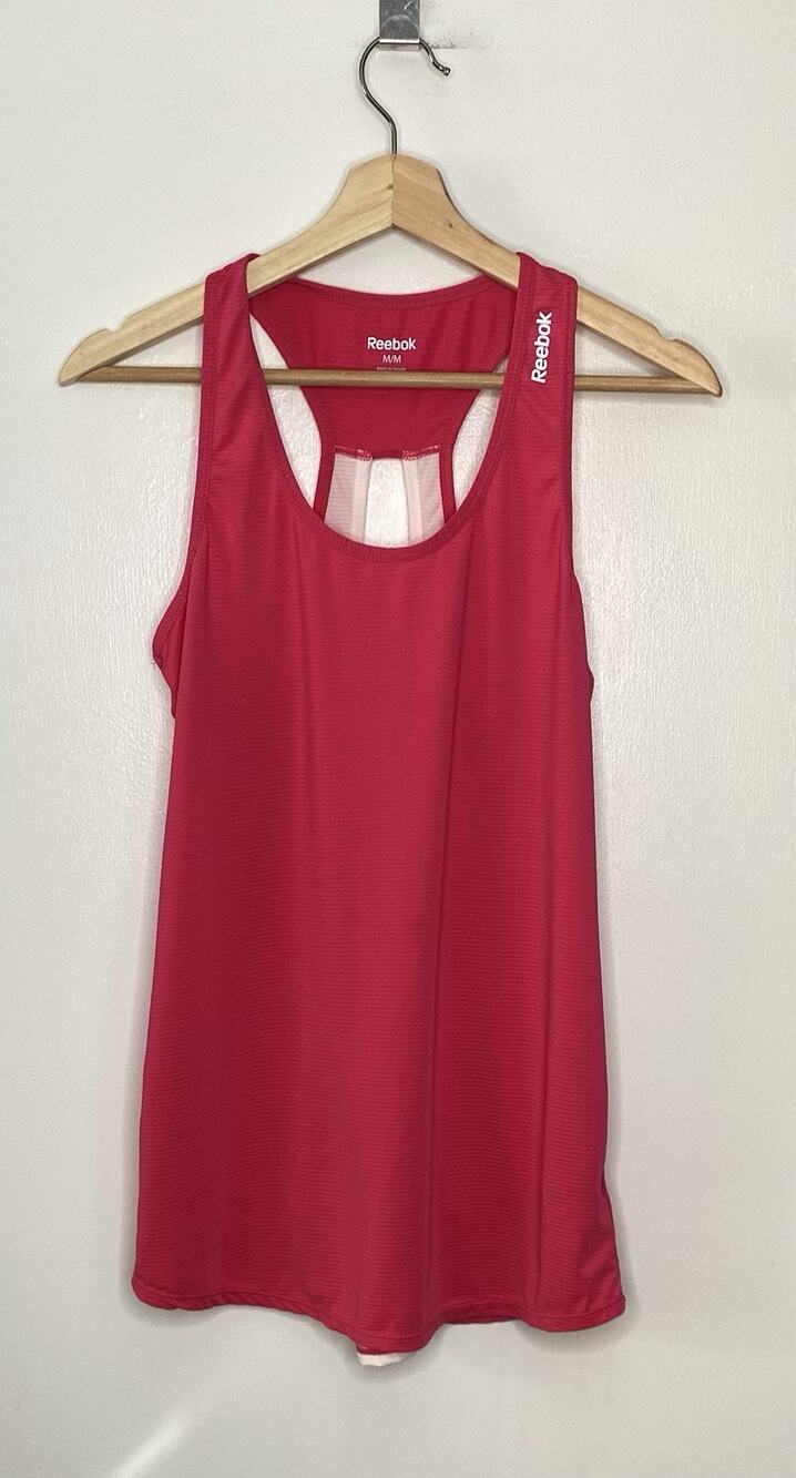 Reebok Women's Bright Pink and White Reflective Racerback Tank Top - Size Medium